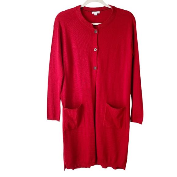 J. Jill | Wool Blend Long Duster Cardigan Sweater Buttons Fall Cozy Red XS - Picture 1 of 6